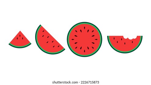 Wassermelone flache Symbole einzeln auf weißem Hintergrund. Cartoon Wassermelon süß und kawaii Stil. Schöne Wassermelonengrafik. Ganze, Scheiben, halb frische, gesunde Sommerfrüchte Symbole.