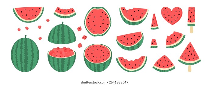 Watermelon Flat  Isolated Collection. Whole Summer Fruit and Halves, Slices. Chopped Watermelon Cubes, Balls, Bitten Pieces, Ice Cream, Heart.