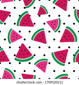 watermelon flat vector illustration with polka dots seamless pattern