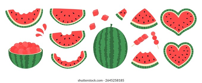 Ilustração de vetor plano de melancia. Frutas de Verão Inteiras e Fatias Picadas. Cubos De Melancia Cortada, Bolas, Canapé, Coração. Letras de melancia.