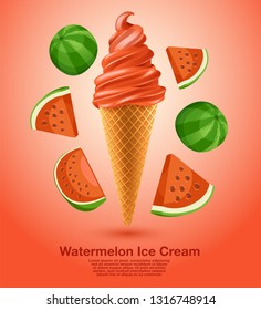 Watermelon : Flavored Soft Ice cream Set : Vector Illustration