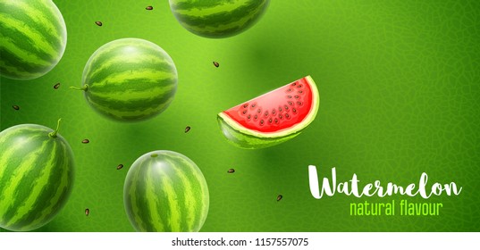 Watermelon flavour poster banner design with pattern and copyspace. Whole fresh ripe sweet fruit with sliced juicy piece of cut. Watermelons realistic fruits, flying and falling. EPS10 vector.