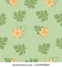 Watermelon flowers, watermelon leaves seamless pattern. Vector illustration