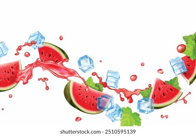 Watermelon fly in red juice splashes. Ice cubes and fresh watermelon slices isolated on white background. 3d realistic advertising