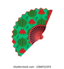 Watermelon folding fan, vector illustration isolated on white background. Decorative hand or handheld fan with summer fruit.