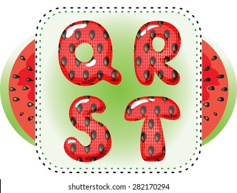 Watermelon font. Cartoon fruit alphabet. Summer design element. Hand drawn kids letters. Part of set. Eps 10.