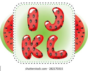 Watermelon font. Cartoon fruit alphabet. Summer design element. Hand drawn kids letters. Part of set. Eps 10.