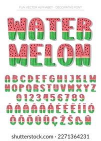 Watermelon font. Cartoon wartermelon alphabet. Letters and numbers isolated on white. For package, poster, banner, T-shirt, brochure design. Vector illustration