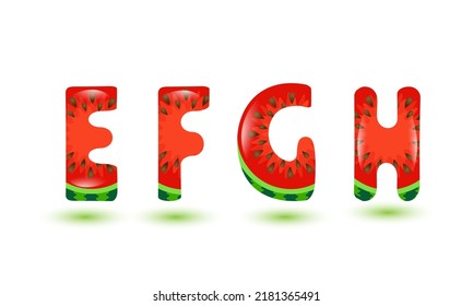 Watermelon font. letters E, F, G, H. Cartoon fruit alphabet. Summer design element. Hand drawn kids letters. 