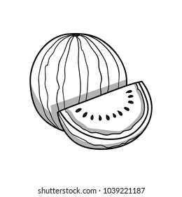 Watermelon. Food icon. Black and white doodle cartoon, vector illustration.