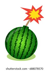 Watermelon in form of bomb with burning wick. Element of design for sale promo, web banners. Watermelon abstract background. Concept of Hello Summer. Fruit vector illustration