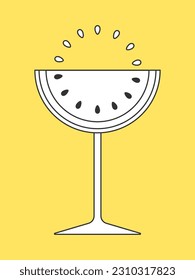 Watermelon in the form of a glass in a stroke. A white glass with a black outline on a yellow background.Coloring book. Vector