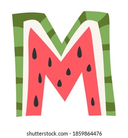 Watermelon in a form of letter M - fruit lettering design. Vector illustration.