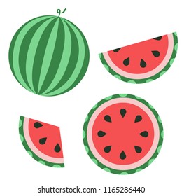 Watermelon in four variations - whole watermelon, half and two different slices