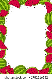 Watermelon frame for card or banner. Bright summer template with fruits. Vector illustration with white background for text or message
