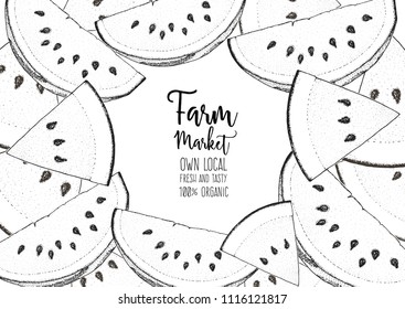Watermelon frame hand drawn illustration. Engraving style. Vintage vector illustration. Ripe slices of watermelon.