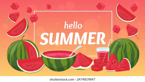 Watermelon frame. Hello summer. Whole fruit and juicy slices. Healthy food. Large berry with green peel and sweet flesh. Refreshing cocktails. Beach vacation. Vector