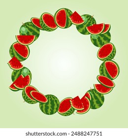 watermelon frame, a lot of ripe watermelon are arranged in a round frame. Painted juicy sweet red fruits whole and in pieces in cartoon style.  with a white empty circle. vector illustration