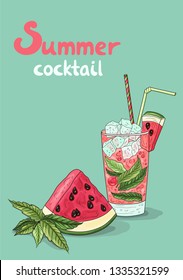 Watermelon Fresh Drink. Summer Tropical Cocktail. Freshness Juicy Drink. Watermelon, Slice, Ice, Juice, Mint.
