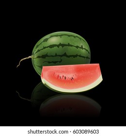 Watermelon fresh fruit isolated on black background, vector illustration.