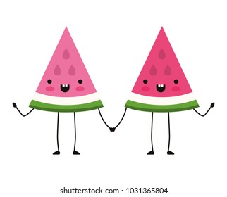 watermelon fresh fruit slice couple kawaii characters