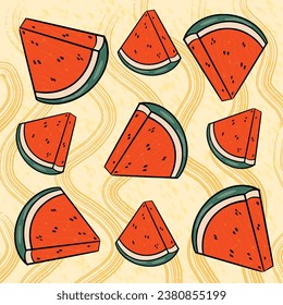 Watermelon fresh green open watermelon half, slices and triangles. Red watermelon piece with bite. Sliced cocktail water melon fruit vector set. Illustration of watermelon.