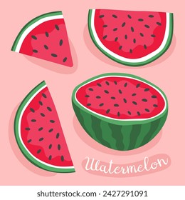 Watermelon. Fresh watermelon half, slices and triangle. Fresh, ripe fruit. Cartoon vector illustration.