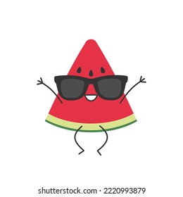 Watermelon fresh juicy slice jumping greeting character cartoon cute smiling face cheerful kawaii joy happy emotions icon vector illustration.
