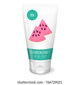 Watermelon fresh slice on white tube, cosmetics cream