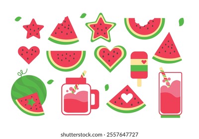 Watermelon Freshness Hand Drawn Collection, Set of Cartoon fresh green open watermelon half, slices and triangles. Summer fruit collection, Vegetarian ecology.    