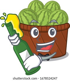 Watermelon fruit basket with bottle of beer mascot cartoon style