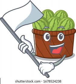 Watermelon fruit basket cartoon character design holding standing flag