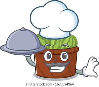 Watermelon fruit basket as a chef cartoon character with food on tray