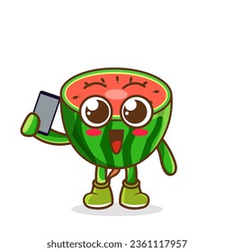 watermelon fruit cartoon character holding a smartphone
