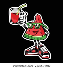 Watermelon Fruit Cartoon Mascot Character Presenting And Holding Up A Glass Of Juice	