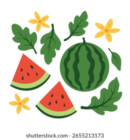 Conjunto de Vector Clipart de frutas de sandía con hojas y flores amarillas en estilo plano aislado sobre fondo blanco para el verano y el diseño de alimentos frescos