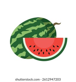 Watermelon fruit and cut watermelon fruit vector illustration isolated on white background.	
