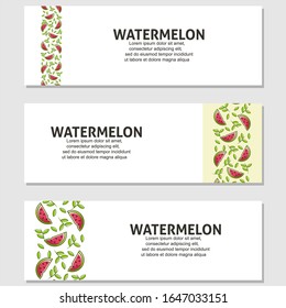 Watermelon fruit flat illustration with leaves vector banner background set of 3. Scalable and editable. Vector design for banner, background, card, landing page, brochure, flyer, cover