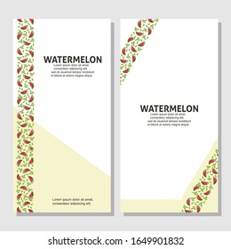 Ilustración plana de frutas de sandía con hojas de fondo vectorial conjunto de 2. Escalable y editable. Diseño de vectores para banner, fondo, tarjeta, página de inicio, folleto, volante, portada