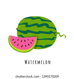 Watermelon fruit flat vector illustration. Cartoon slices of fresh tropical fruit. Isolated icon with shadow. Creative clipart with typography for healthy cooking menu, logo, design element