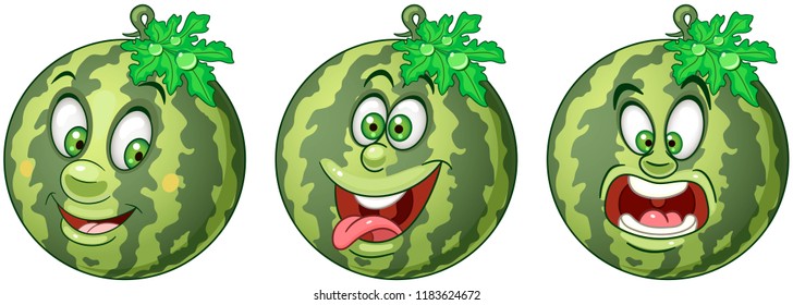Watermelon. Fruit Food concept. Emoji Emoticon collection. Cartoon characters for kids coloring book, colouring pages, t-shirt print, icon, logo, label, patch, sticker.