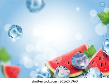 Wassermelonobst mit Eiswürfeln erfrischender Hintergrund Cold Drink-Anzeigen mit Wassermelone realistische Scheibe und Eis fällt auf blauem glänzendem Hintergrund