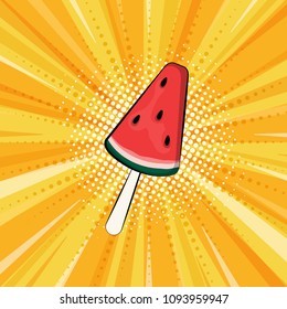 Watermelon fruit ice on a stick. Yellow ray background. Vector illustration of pop art style.