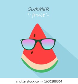 Watermelon fruit icon isolate with sunglasses on blue color and shadow background, flat design for banner, template, fabric, packaging, invitations, wallpaper.