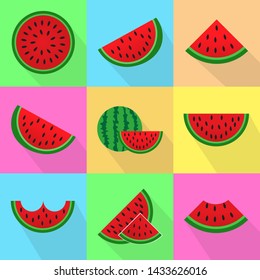 Watermelon fruit icon set. Watermelon fruits on colorful background. Falt icon set. Vector Illustration