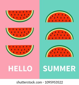 Watermelon fruit icon set. Red slice with seeds in a row. Hello summer. Cut half. Healthy food. Flat lay design. Pastel bright color. Top air view. Pink Green background. Isolated. Vector illustration