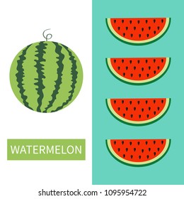 Watermelon fruit icon set. Round water melon. Red slice with seeds in a row. Cut half. Healthy food. Flat lay design. Bright color. Top air view. White blue background. Isolated. Vector