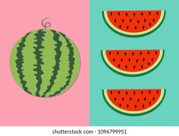 Watermelon fruit icon set. Round water melon. Red slice with seeds in a row. Cut half. Healthy food. Flat lay design. Pastel bright color. Top air view. Pink Green background. Isolated. Vector