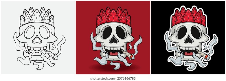 Watermelon Fruit Inside Skull Head With Smoking Character Cartoon. Black White, Colorful and Sticker Style. For T shirt print, Brand Logo, Label and Mascot product. Vectors Illustrations