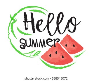 Watermelon fruit label and sticker - Hello Summer. Vector illustration in watercolor style, for graphic and web design